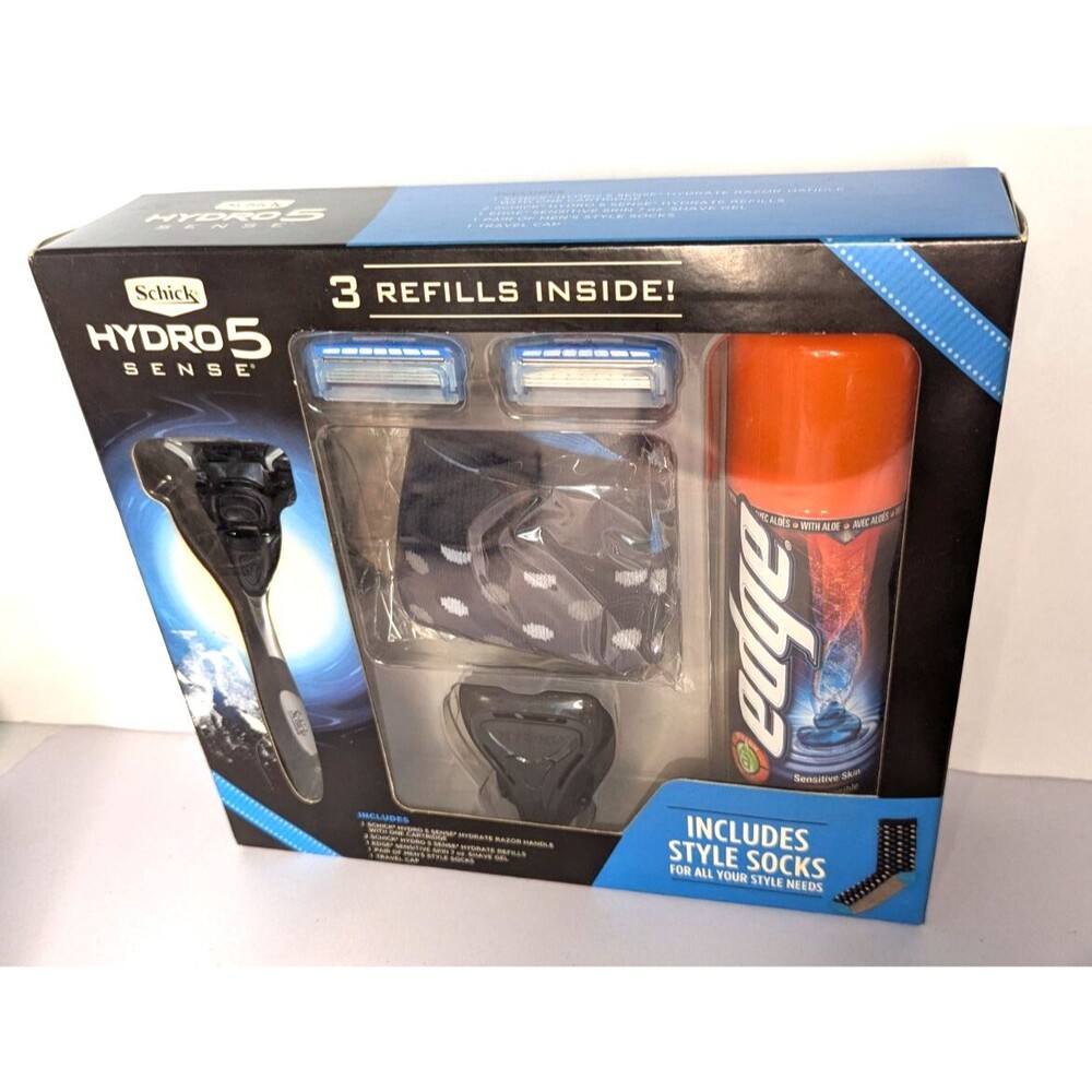 Gift Set Schick Hydro 5 Razor Handle 2 Cartridges Edge Shave Gel 7 oz Socks 6 PC